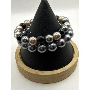 Set of Two Faux Hematite Metallic Round Beaded Stretch Bracelets